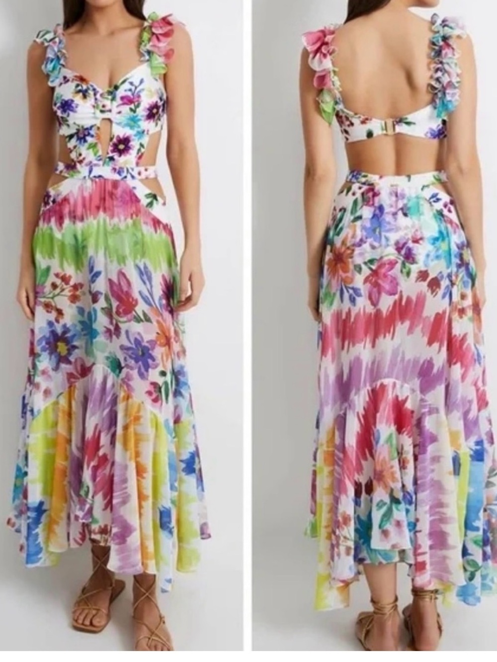 PatBO Multicolor Floral Cutout Ruffle-Shoulder High-Low Dress